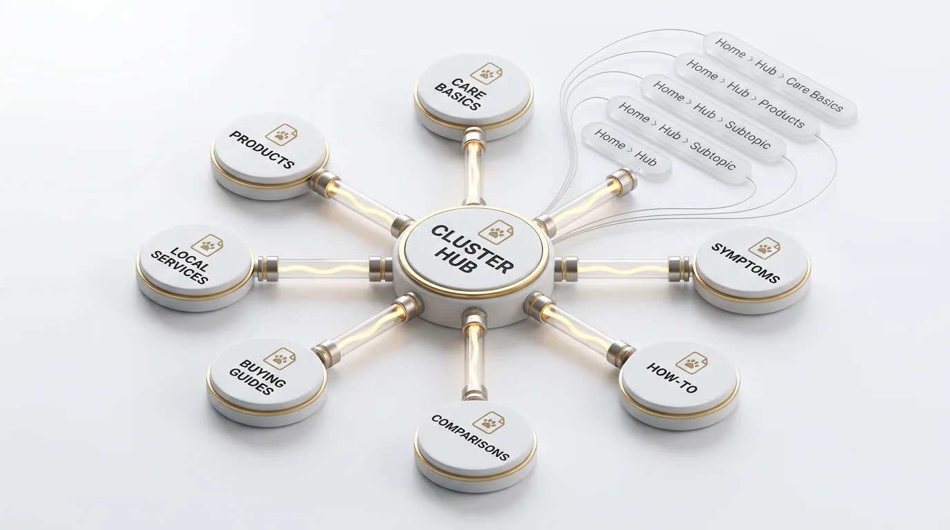 3D render of a hub-and-spoke topical map for a pet website. A central gold-accented hub node labeled 'Cluster Hub' connects via glowing lines to eight