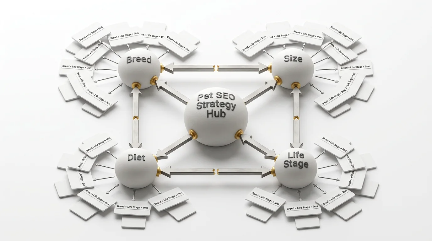 3D render of an internal linking network on a pristine white background. A central matte-white hub node labeled 'Pet SEO Strategy Hub' connects via me
