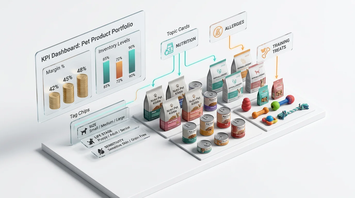 3D render of a product-led cluster planning dashboard: floating translucent acrylic panels showing KPI widgets (stacked gold coins for margin %, verti
