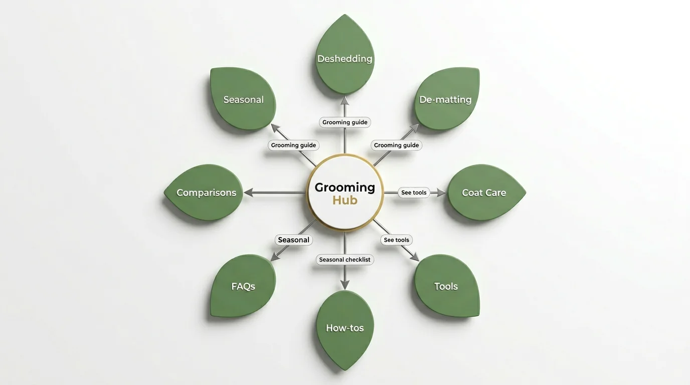 Top-down orthographic 3D render of a hub-and-spoke topical authority map on a clean white surface. Central circular node labeled 'Grooming Hub' in gol