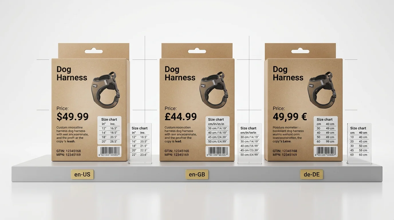 3D render of three localized pet product variants on a display plinth: the same dog harness packaging shown as three boxes side-by-side. Box 1 (US, en