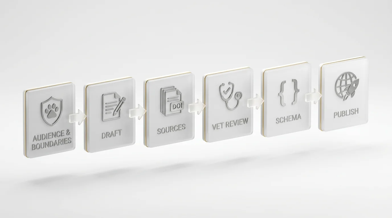 3D isometric render of a clean veterinary content workflow pipeline: six floating matte-white panels arranged left-to-right with thin gold edge accent