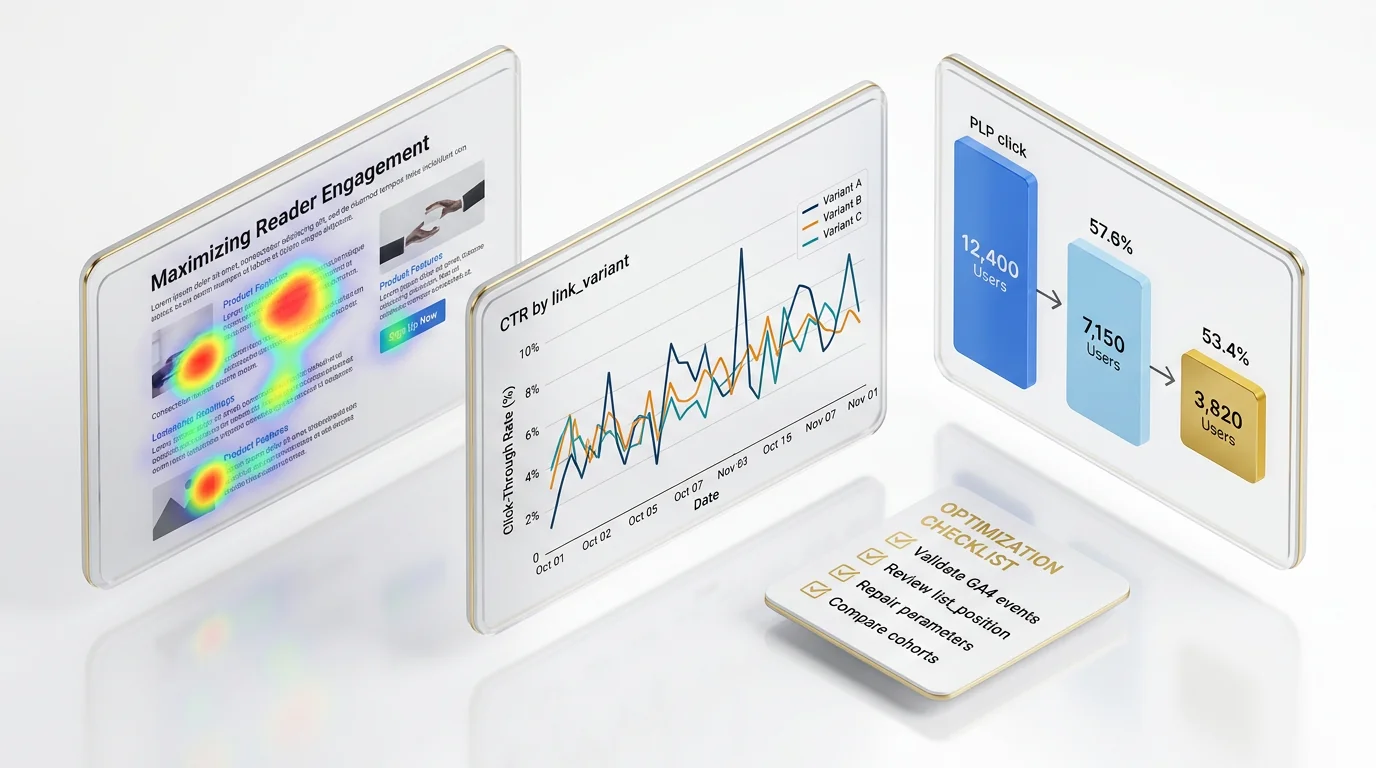 Isometric 3D render of a monitoring workspace with three floating panels and a small checklist on a white background. Panel 1: blog article mockup ove