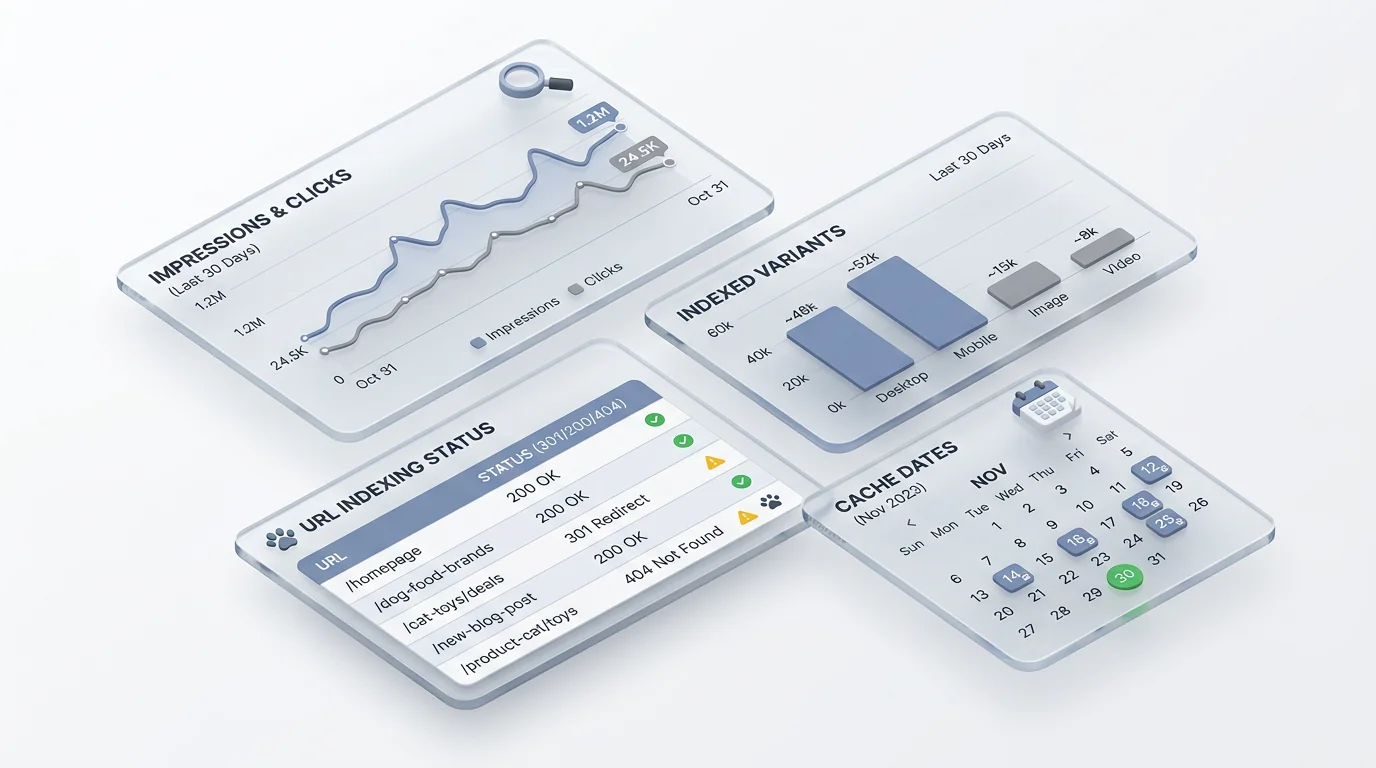 3D render of a clean SEO monitoring dashboard composed of floating glass panels. Panels include: a dual-line chart labeled 'Impressions' and 'Clicks',