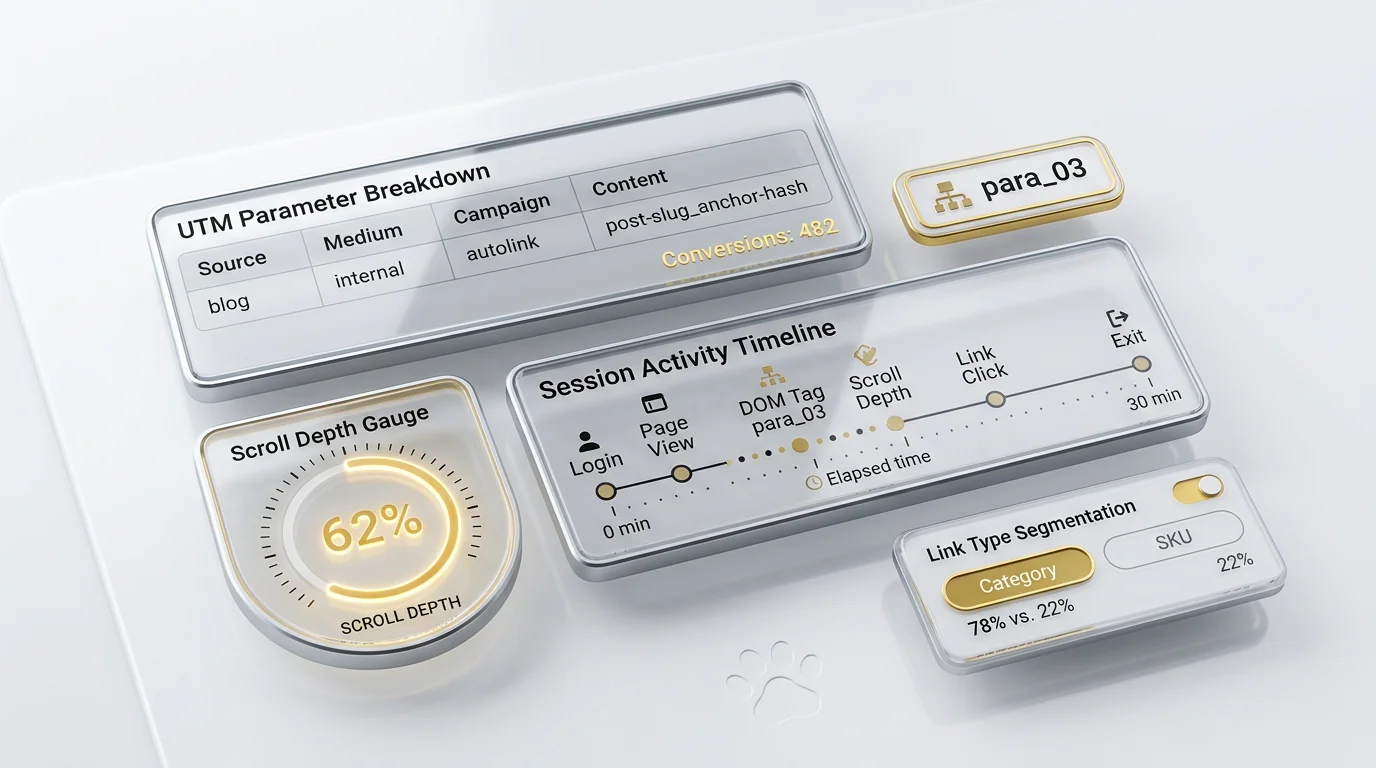3D render of an analytics dashboard on a white surface composed of floating glass widgets: a UTM parameter table (utm_source=blog, utm_medium=internal
