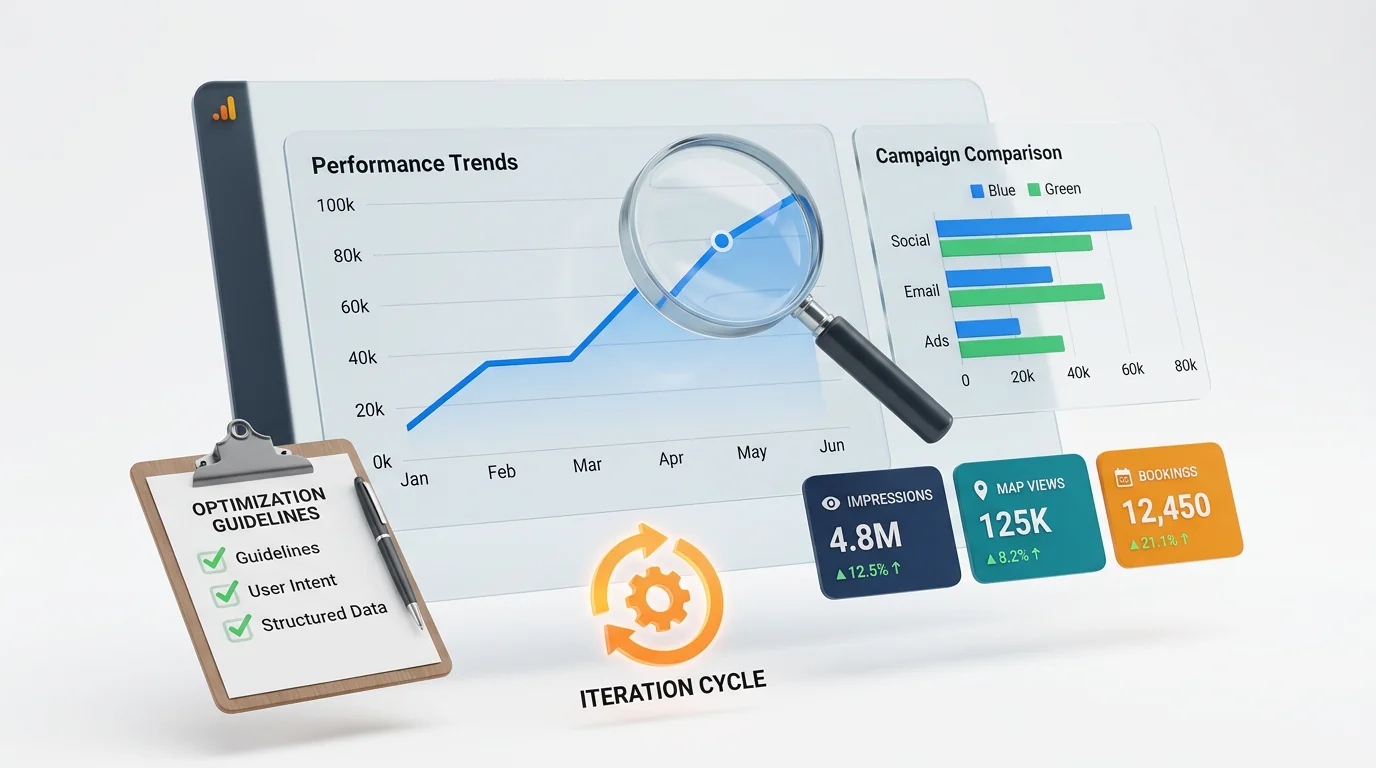 Clean 3D render of an analytics workspace: floating dashboard panels with a rising line chart, comparison bar chart, and compact KPI cards labeled Imp