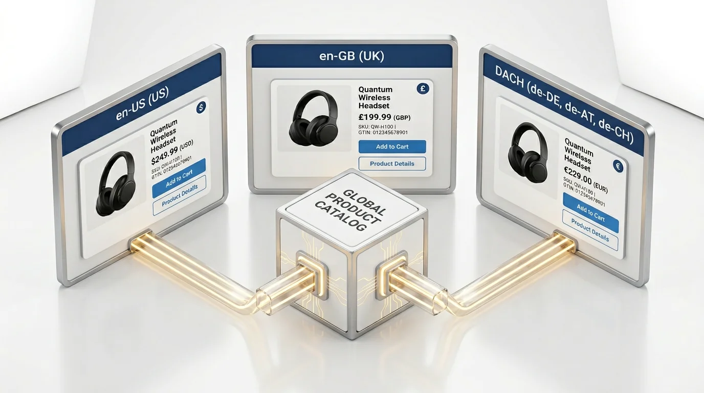 3D isometric render of a single global product catalog cube connected by glowing gold data conduits to three storefront panels labeled en-US (US), en-