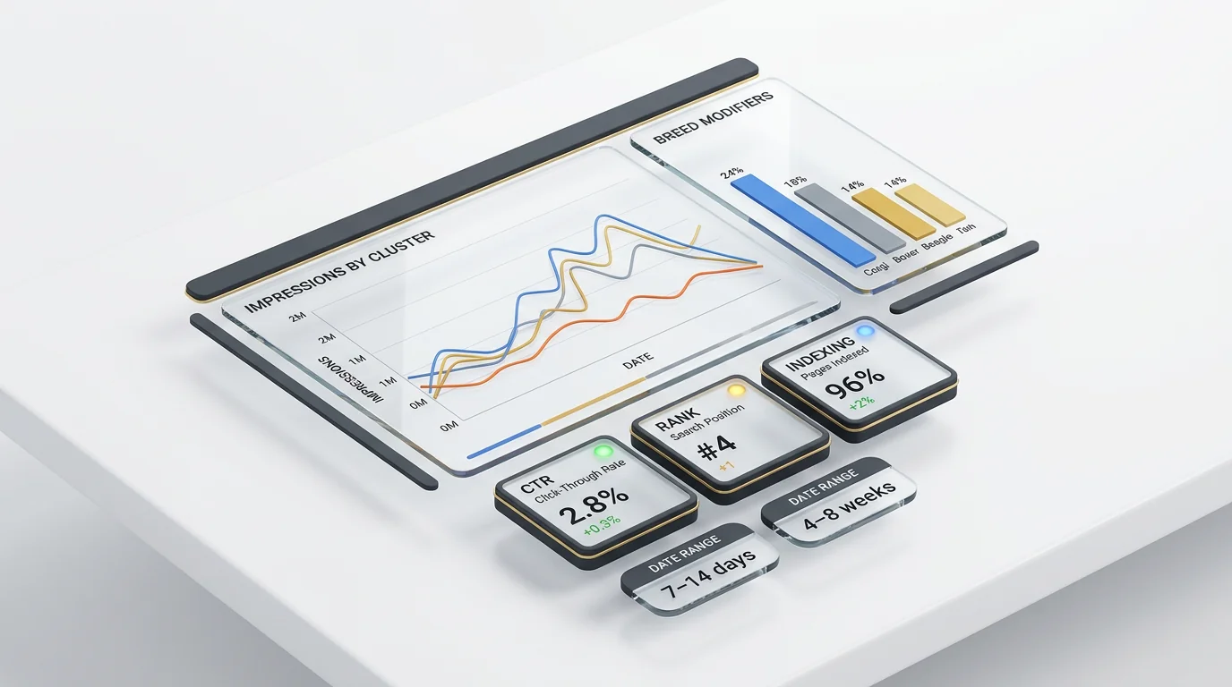 3D render of a minimalist analytics dashboard floating above a white surface. Elements include: a glass panel line chart titled 'Impressions by Cluste
