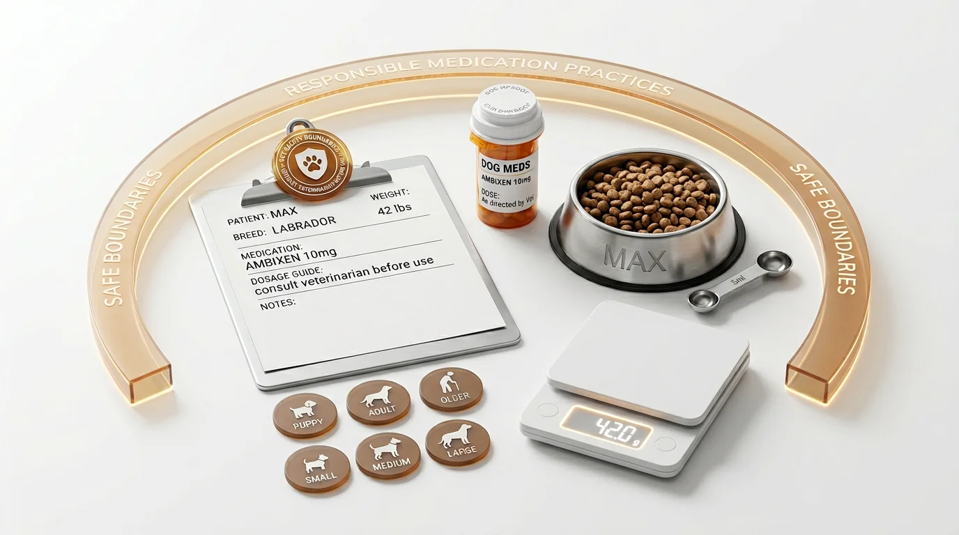 3D render illustrating pet content safety boundaries. Veterinary clipboard with a circular disclaimer badge, amber pill bottle with childproof cap, st