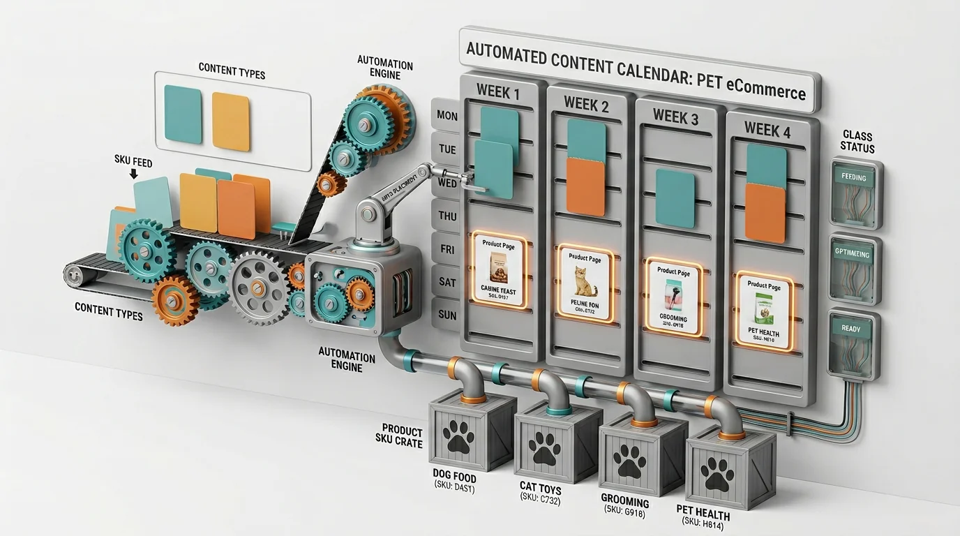 3D render of an automated content calendar for pet eCommerce. Large isometric wall calendar with weekly columns; icon-only cards indicate types: book 