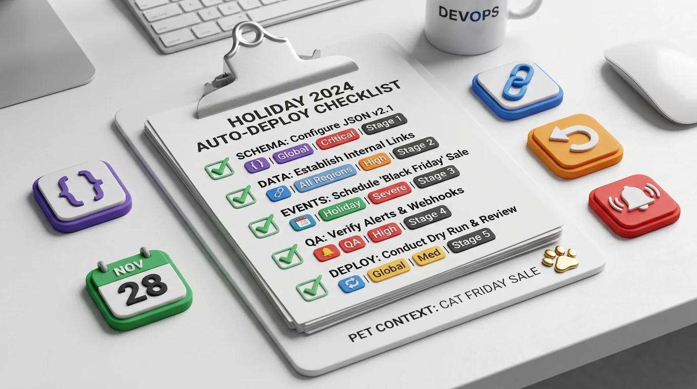 3D render of an implementation checklist workspace for seasonal automation. A matte white clipboard holds neatly stacked checklist cards with embossed