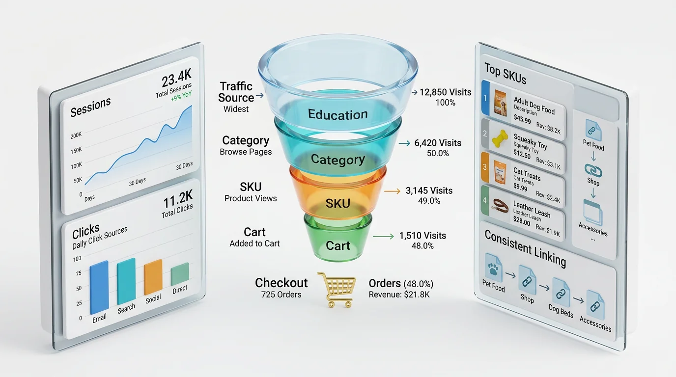 Clean isometric 3D render of a pet eCommerce analytics dashboard and funnel. Center: a vertical glass funnel with labeled stages 'Education' → 'Catego