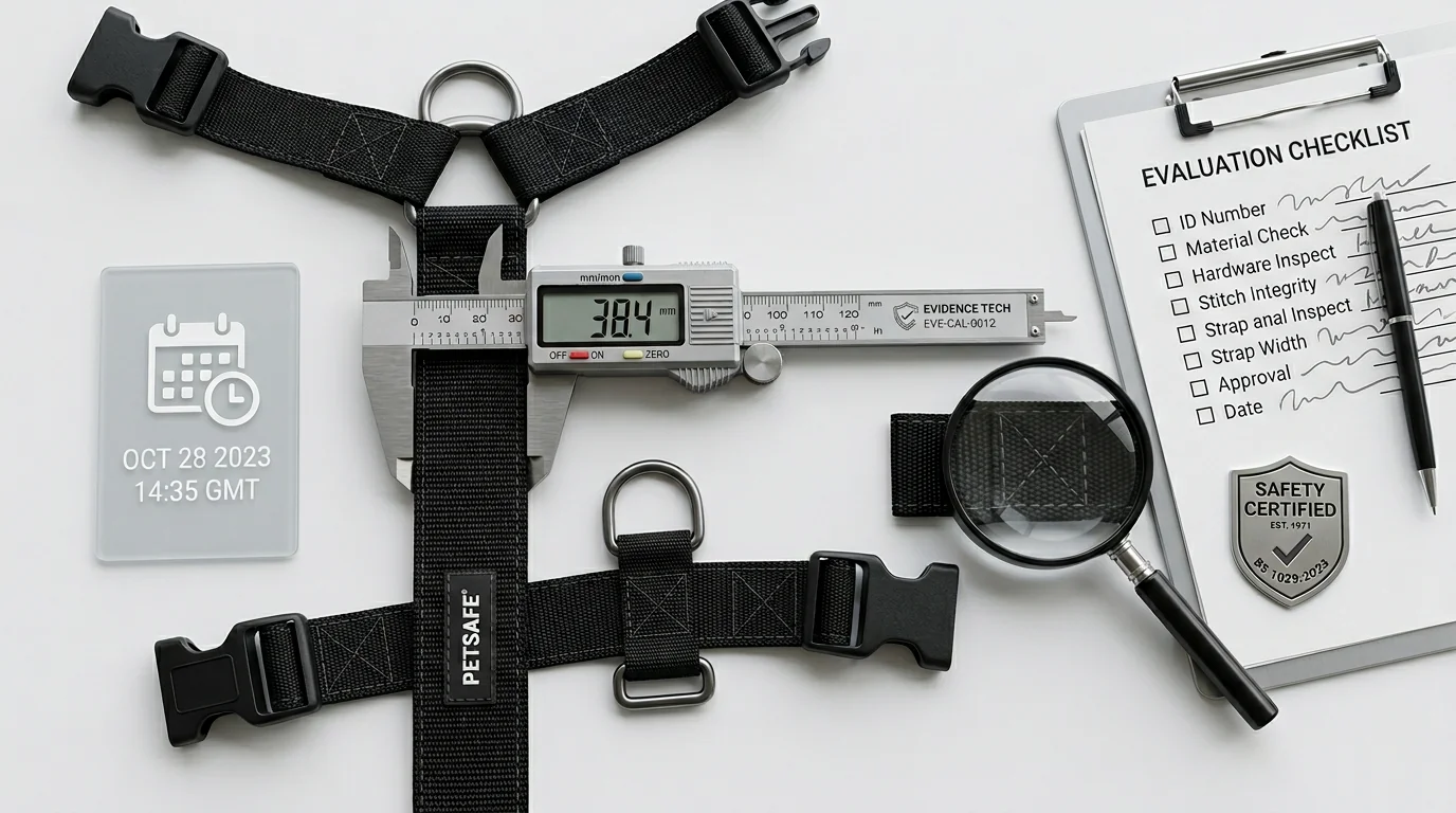 Top-down 3D render of evidence-focused evaluation tools on a clean white desk. Brushed-steel digital calipers measuring a black nylon dog harness stra