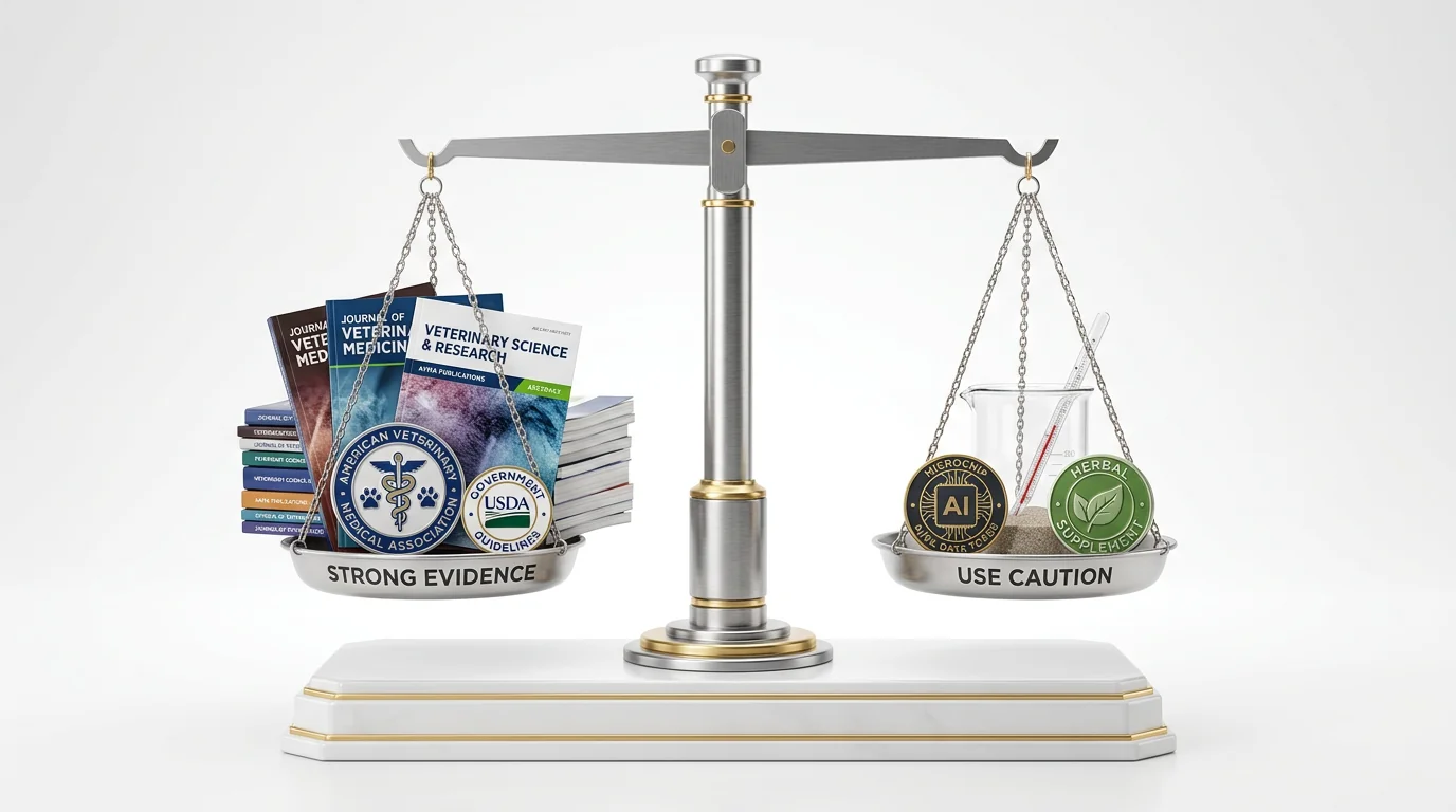 3D render of a balanced evidence scale for veterinary claims. Center: a brushed-metal balance scale on a white plinth with gold accent trim. Left pan 