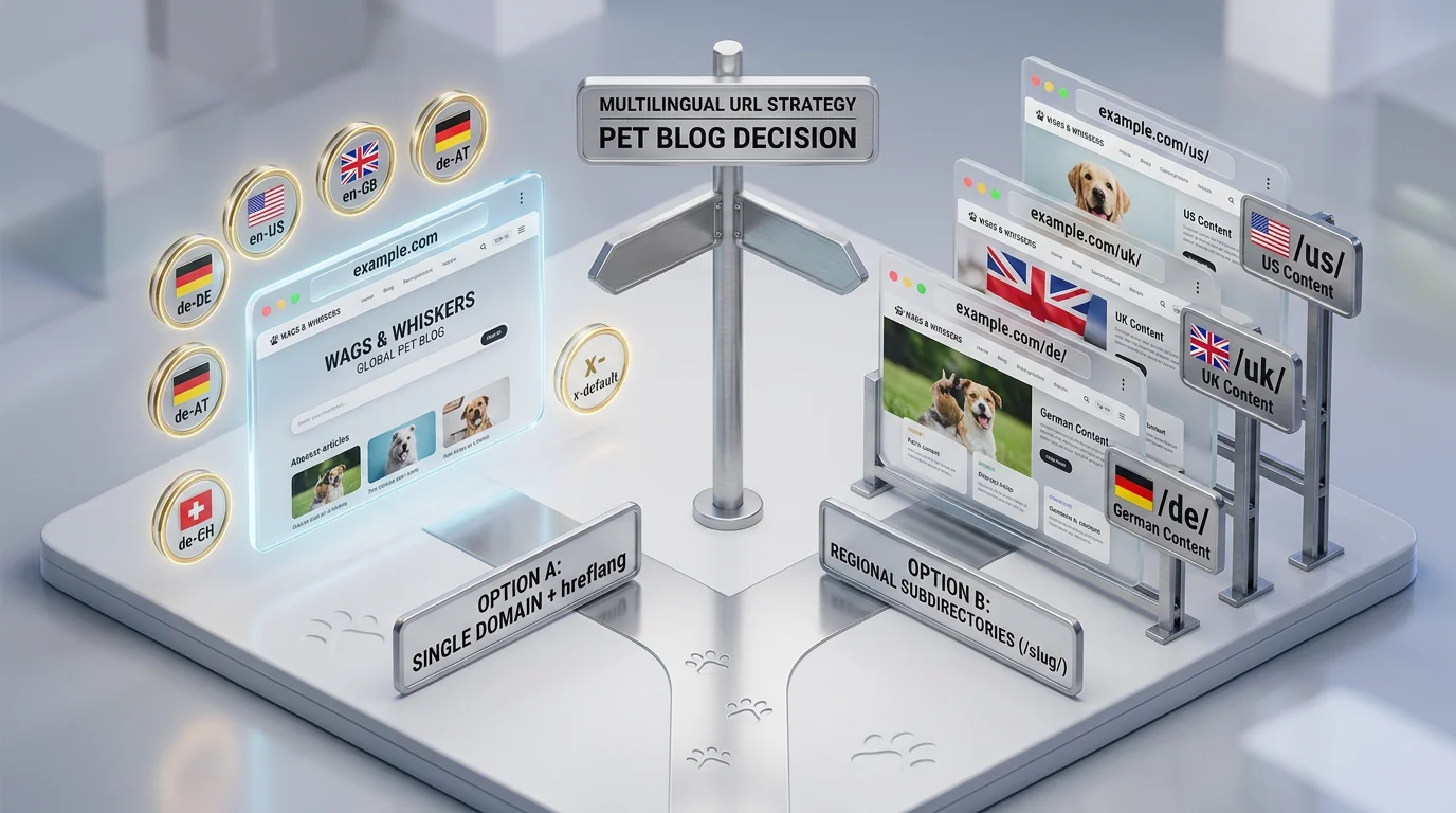 3D isometric render visualizing a URL strategy decision for a multilingual pet blog. Center: a brushed-aluminum signpost on a matte white platform spl