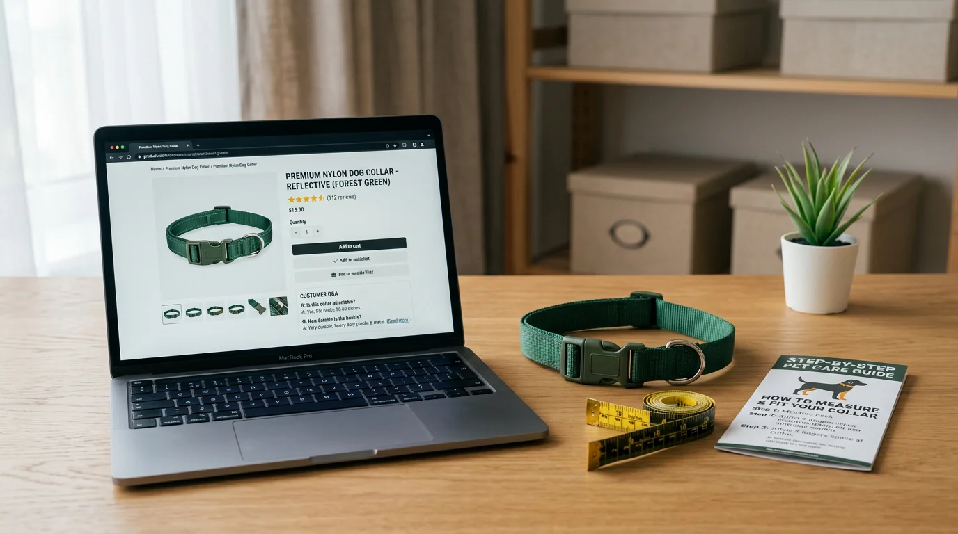 A tidy eCommerce workspace with an open laptop displaying a generic product detail page for a nylon dog collar, visible star ratings and a small Q&A s