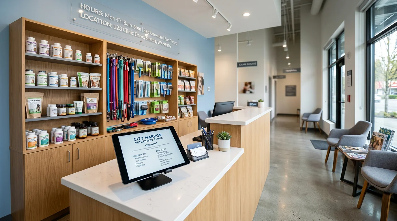 Wide interior shot of a veterinary clinic reception area, a tablet on the counter displaying a generic clinic service page with contact details, nearb