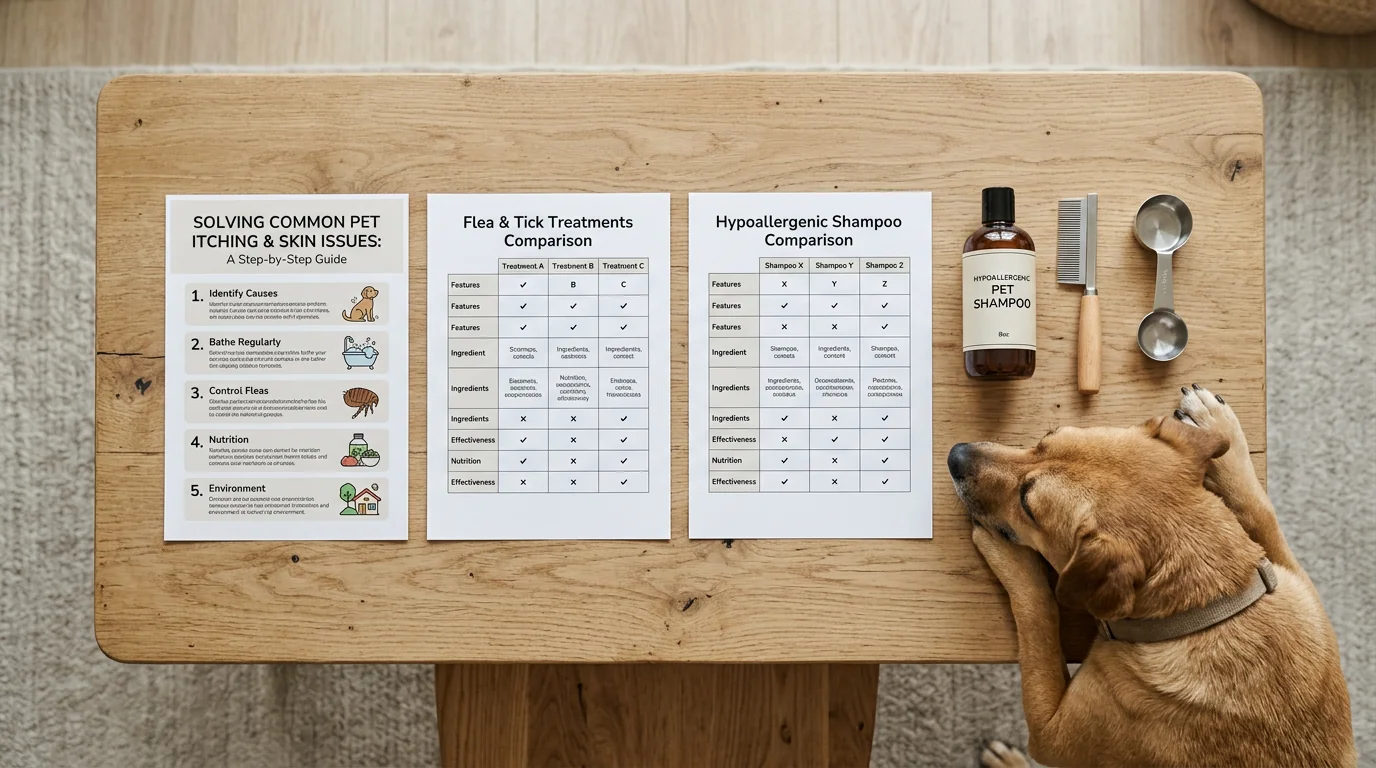 Top-down photo of a wooden table with printed how-to steps for solving a common pet issue, two neatly arranged product comparison sheets, and a small 