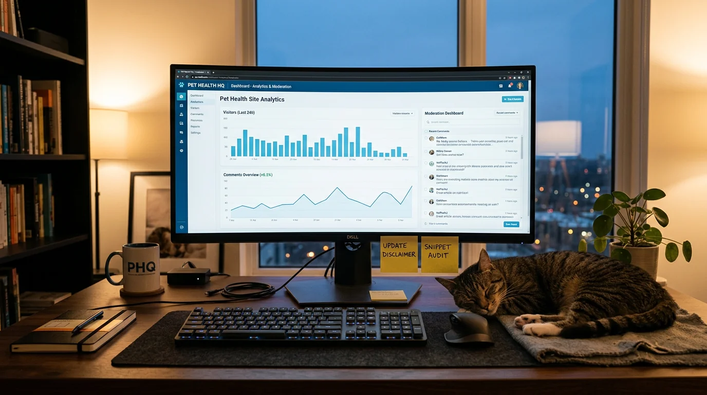 Modern workspace at dusk: large monitor showing website analytics graphs and a moderation dashboard for comments on a pet health site; sticky notes re