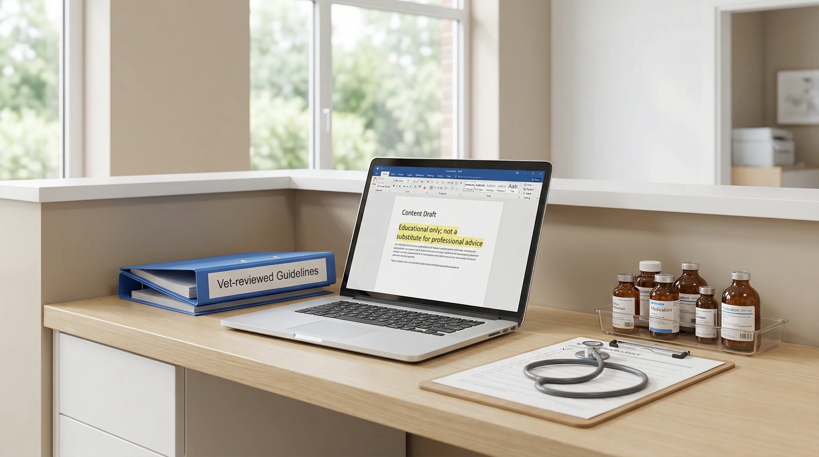 Professional veterinary clinic desk scene: open laptop showing a content draft with a visible disclaimer text snippet ('Educational only; not a substi