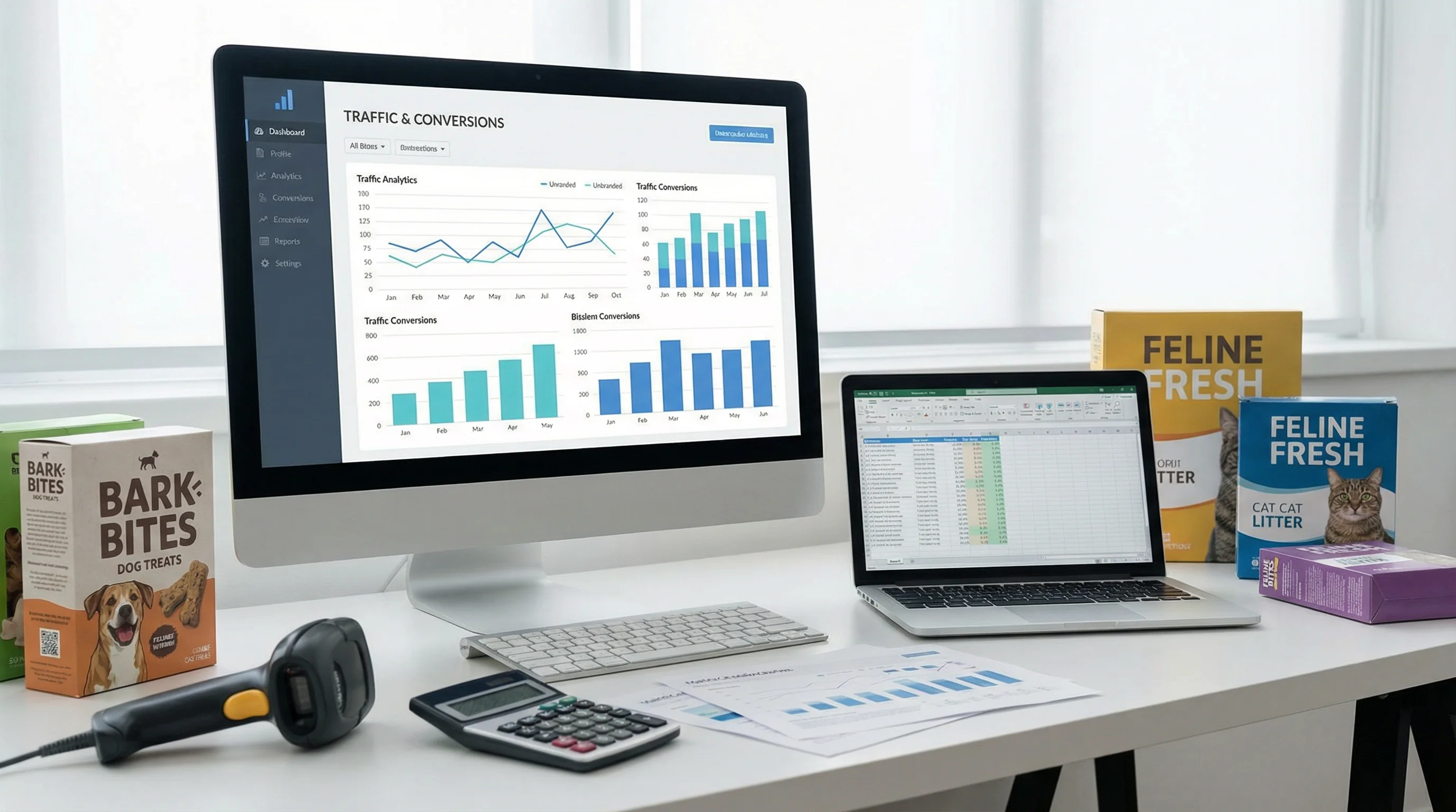 Wide shot of a modern office desk with a large monitor displaying a generic analytics dashboard of traffic and conversions (line and bar charts, no id