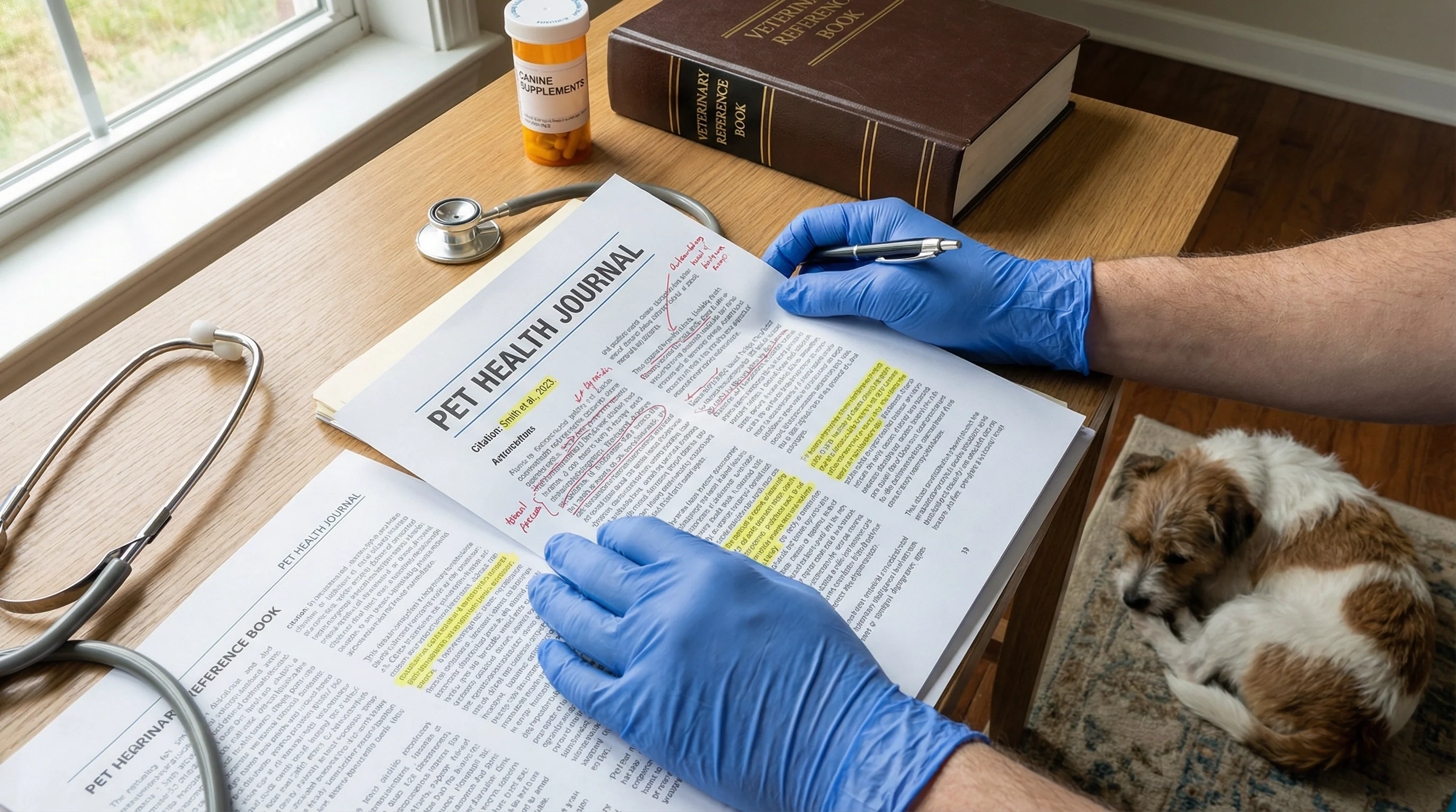 Hands-only view of a veterinary reviewer examining printed pet health article pages with annotations and highlighted citations on a clean wooden table