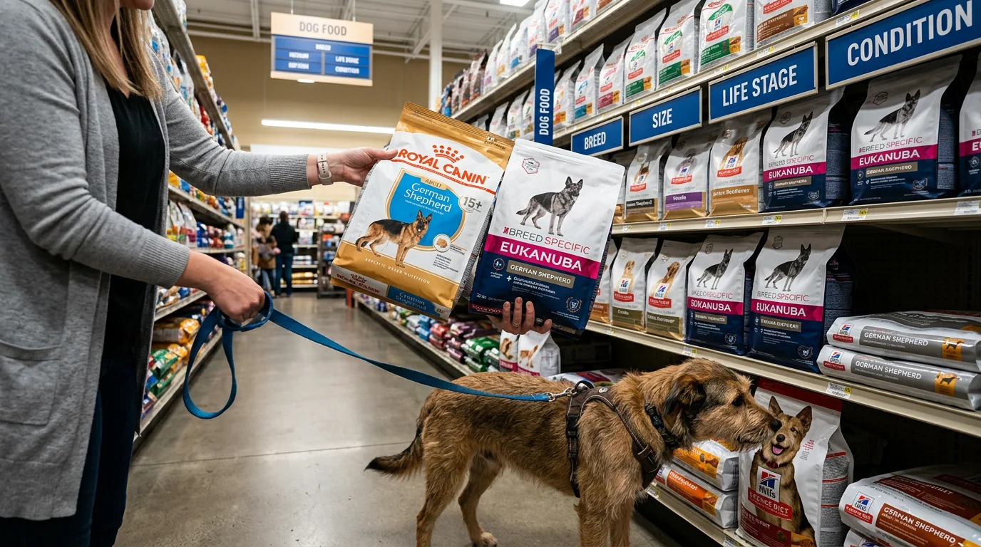 Wide pet-store aisle with clear shelf labels reading 'Breed', 'Size', 'Life Stage', and 'Condition'. A medium-sized mixed-breed dog on a leash sniffs 