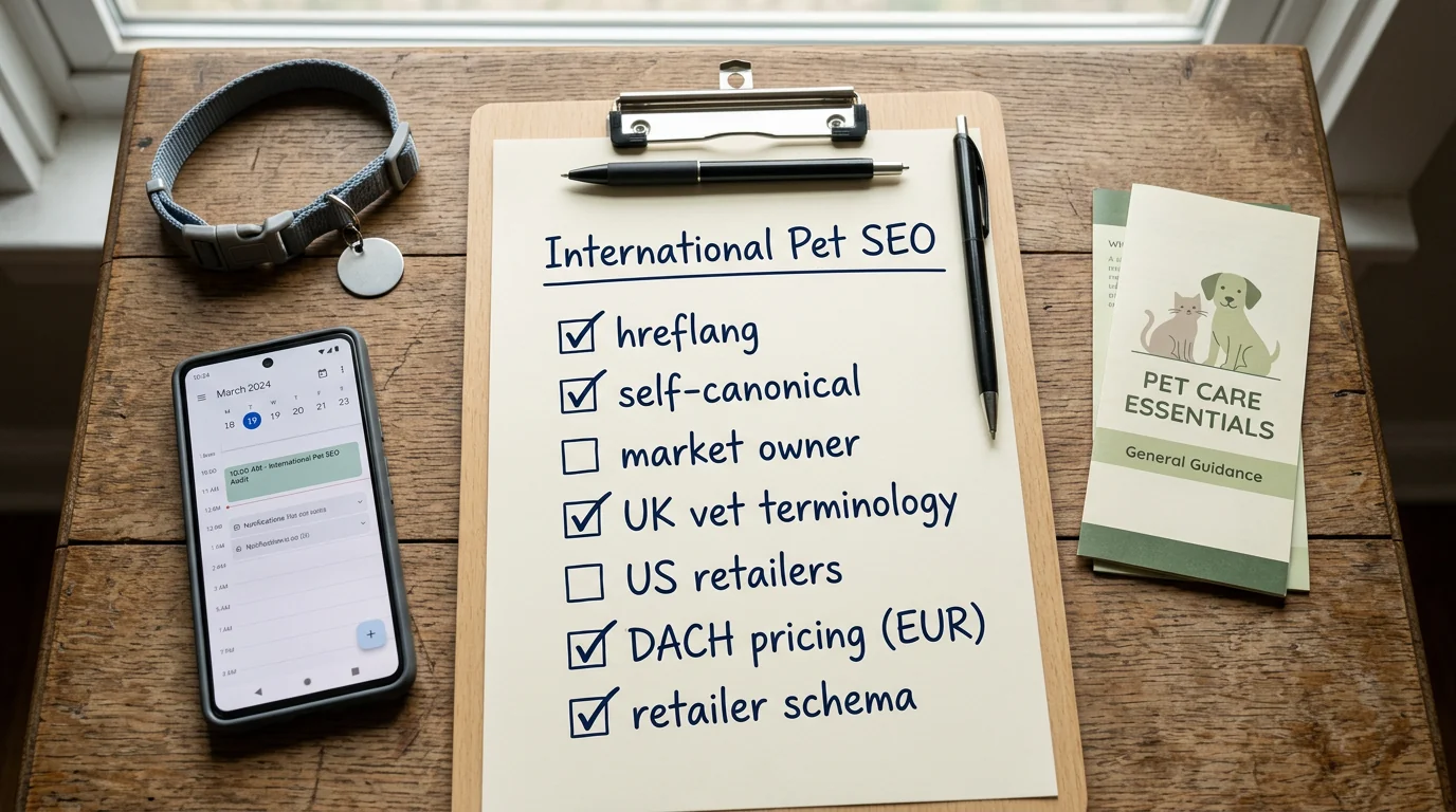 Overhead shot of a clipboard checklist titled 'International Pet SEO' with neat checkboxes reading: 'hreflang', 'self-canonical', 'market owner', 'UK 