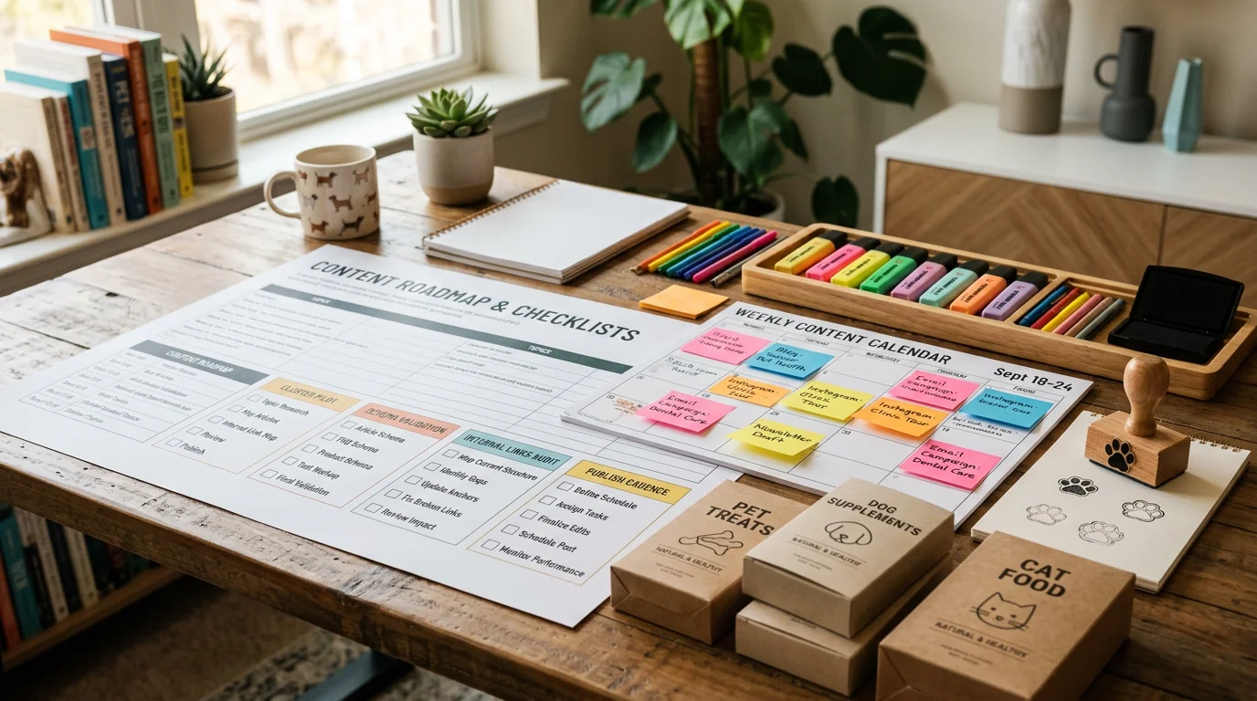 Project planning scene in a pet brand or clinic office: printed content roadmap and checklists with boxes (Cluster pilot, Schema validation, Internal 