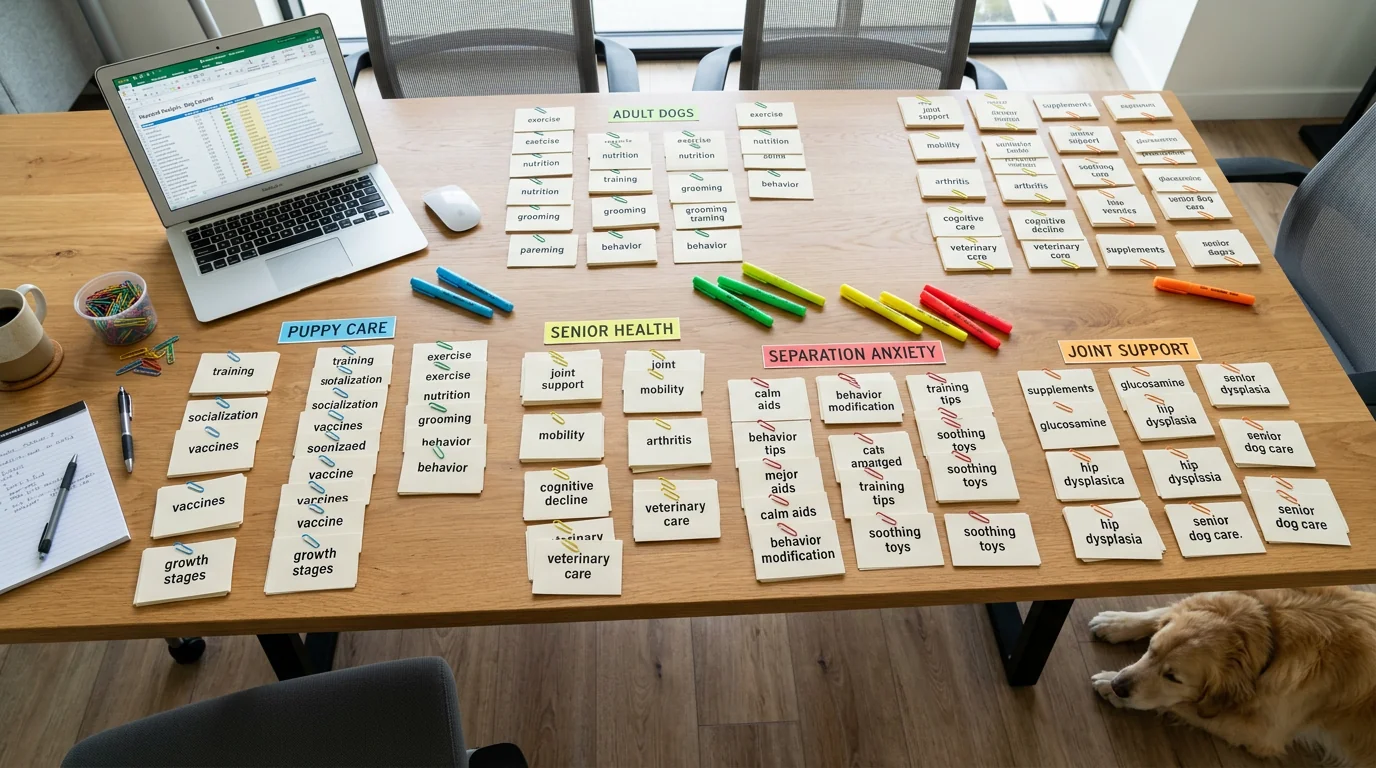 Overhead photo of a large table covered with printed keyword cards sorted into clusters (e.g., puppy, adult, senior; joint support; separation anxiety