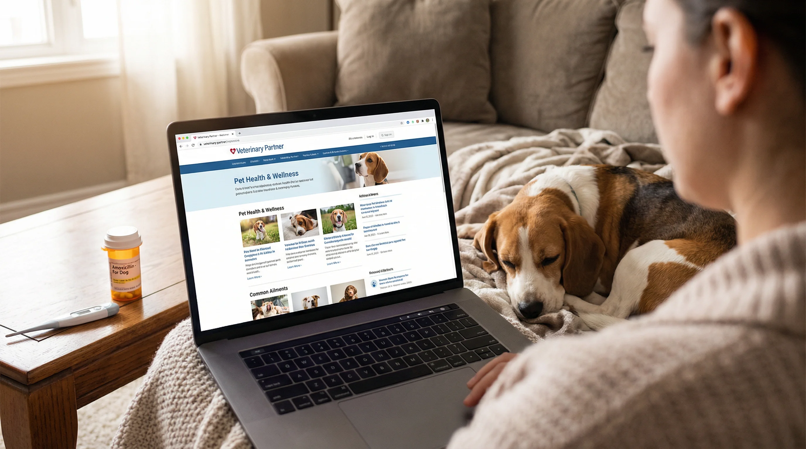 Over-the-shoulder shot of a pet owner researching pet health on a laptop at home, with a tired beagle lying beside them on a couch. The laptop screen 