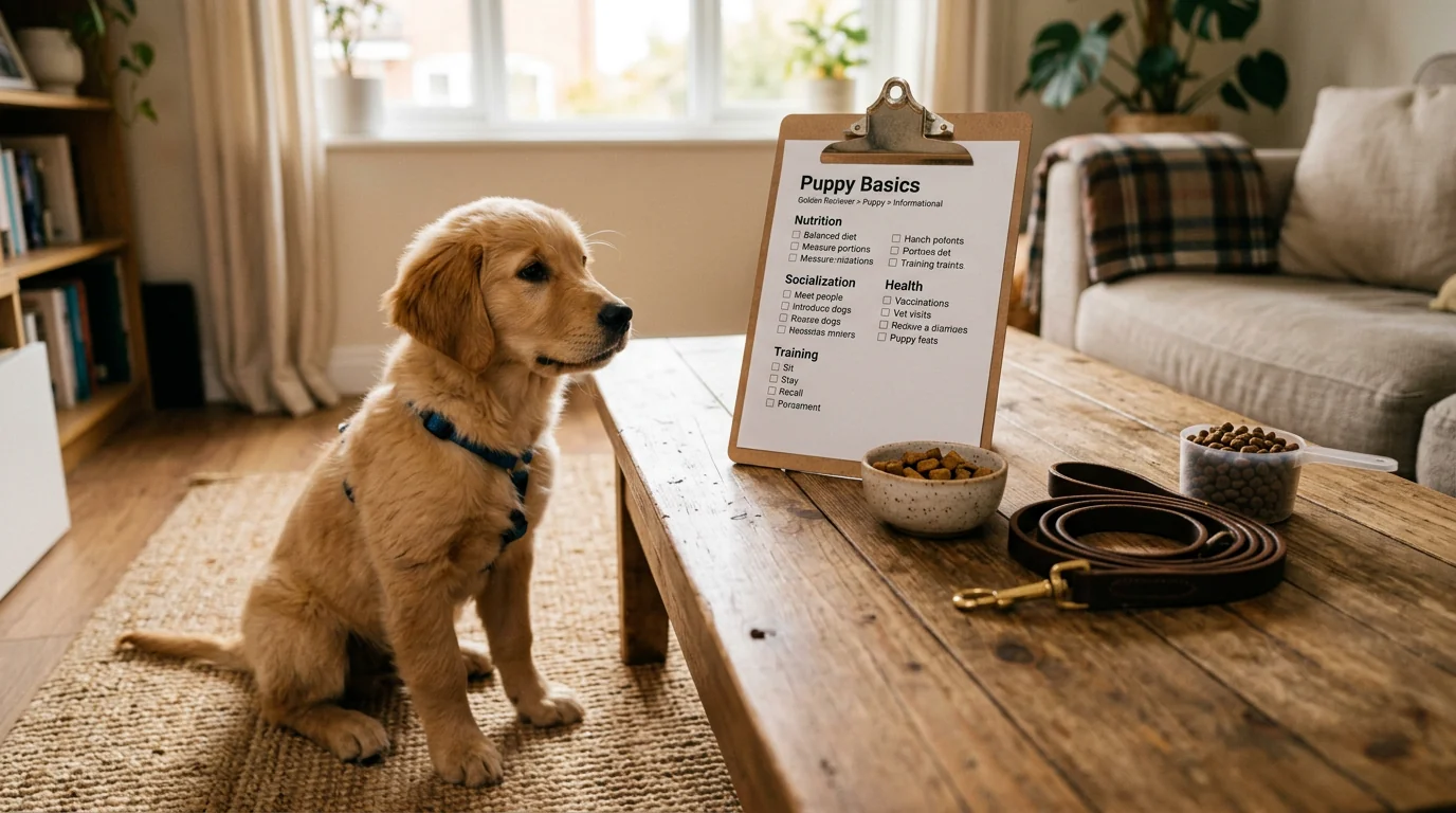 Home setting with a golden retriever puppy beside a wooden coffee table. On the table: a clipboard with a printed checklist titled 'Puppy Basics' feat