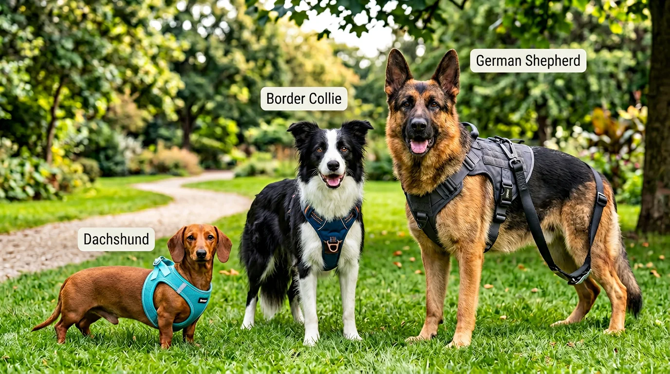 Group photo of three dogs in a clean park backdrop: a small dachshund in a lightweight everyday harness (bright color), a medium border collie in a fr