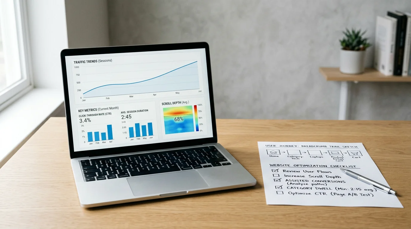 Minimalist desk scene with an open laptop showing generic analytics dashboards (traffic trends, CTR, scroll depth), next to a printed breadcrumb trail