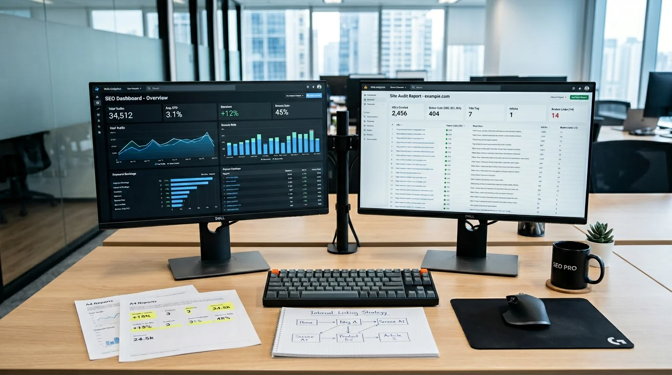 Clean office desk with a dual-monitor setup: one screen shows a generic web analytics dashboard (traffic, CTR, rankings), the other a site crawl repor