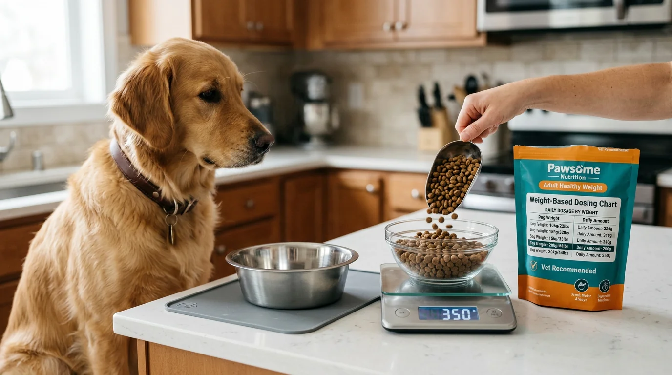 Close-up on a kitchen counter: a medium-size dog waits beside a stainless-steel bowl while a hand measures kibble on a digital kitchen scale next to t