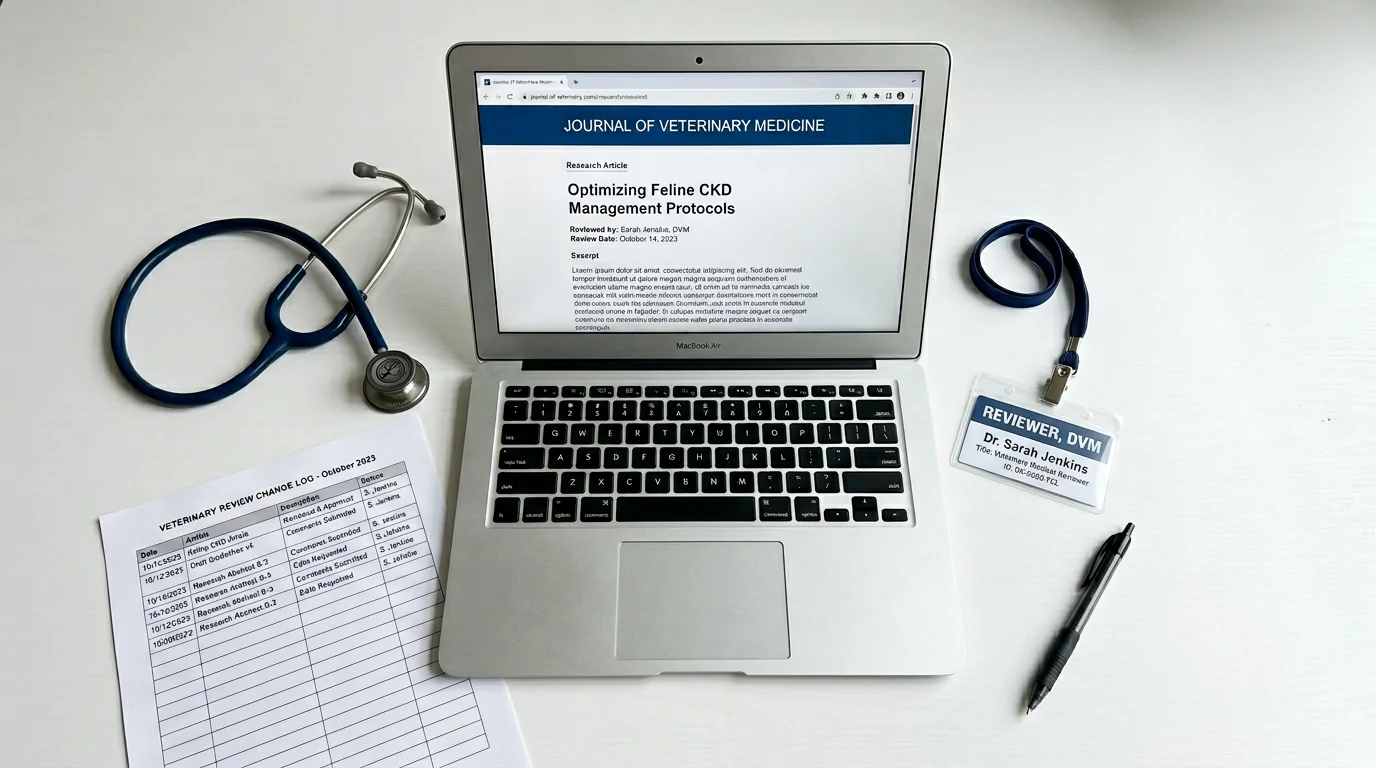 Clean overhead flat lay on a white desk: stethoscope, official name badge reading 'Reviewer, DVM', a printed change log with dated entries, and an ope