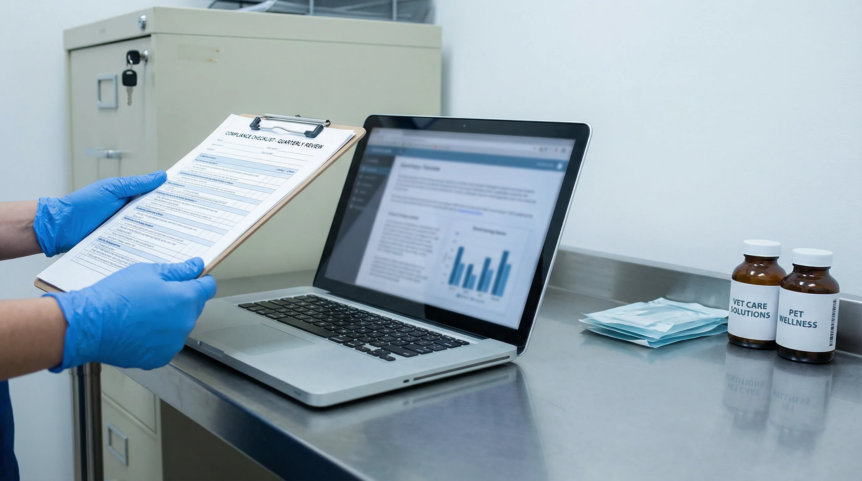 Clean veterinary office countertop focused on compliance: close-up of gloved hands reviewing a printed checklist on a clipboard beside a laptop showin