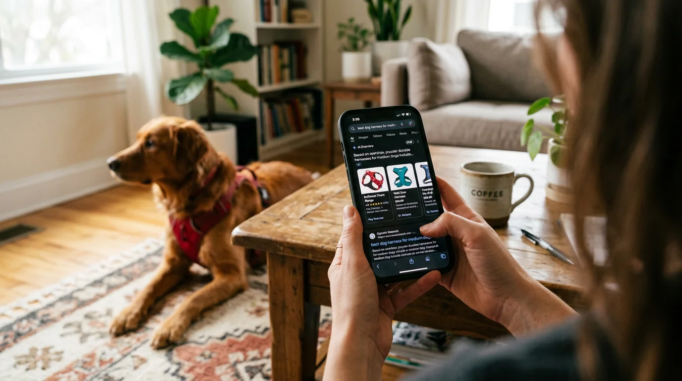 Over-the-shoulder, natural-light photo of hands holding a smartphone showing a pet product search with AI Overview-style cards and image results (gene