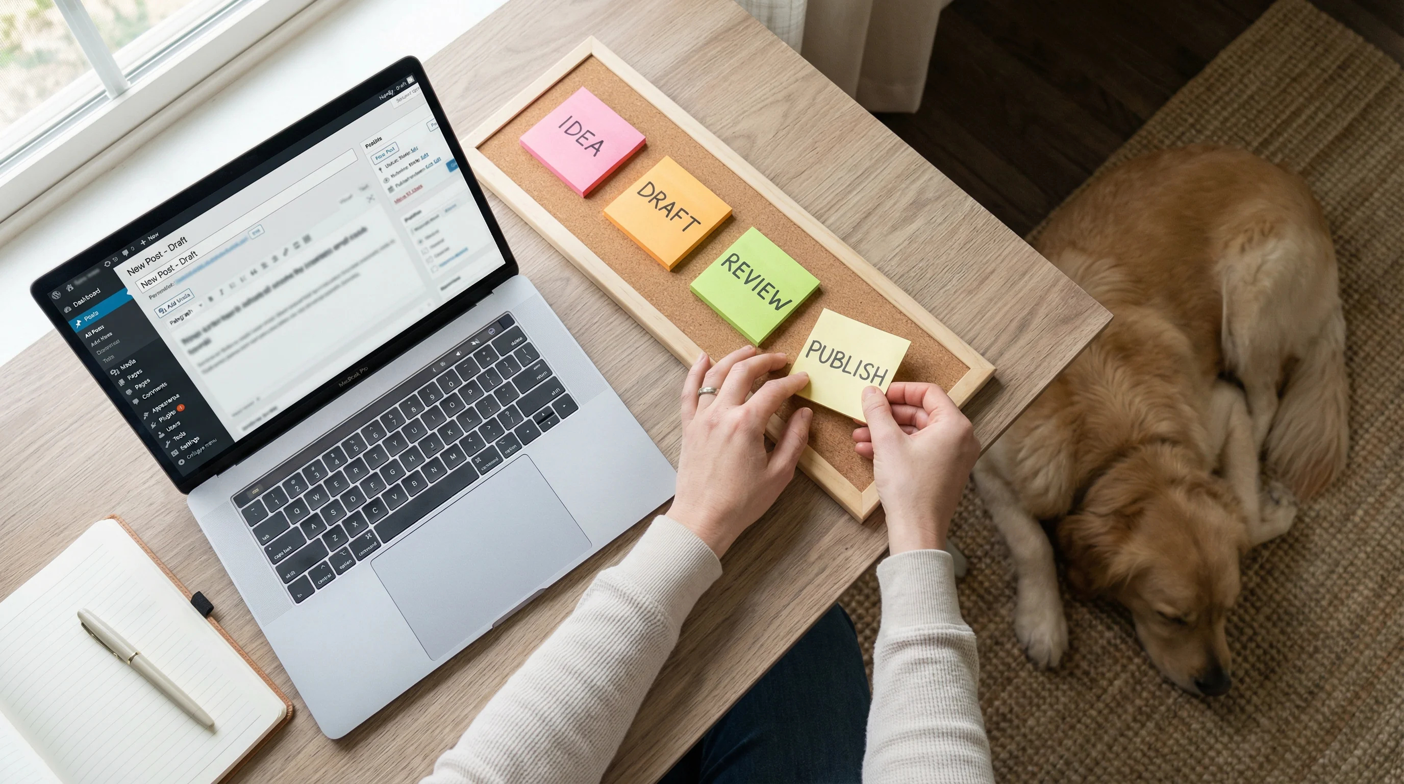 A tidy home office desk showing a content workflow: color-coded sticky notes arranged in a clear linear sequence, a laptop displaying a generic CMS dr