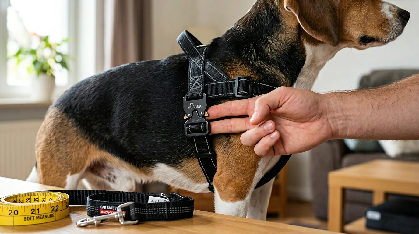 Close-up of adult hands performing the two-finger fit test under the chest strap of a short-haired medium dog’s harness (e.g., beagle mix). Focus on t