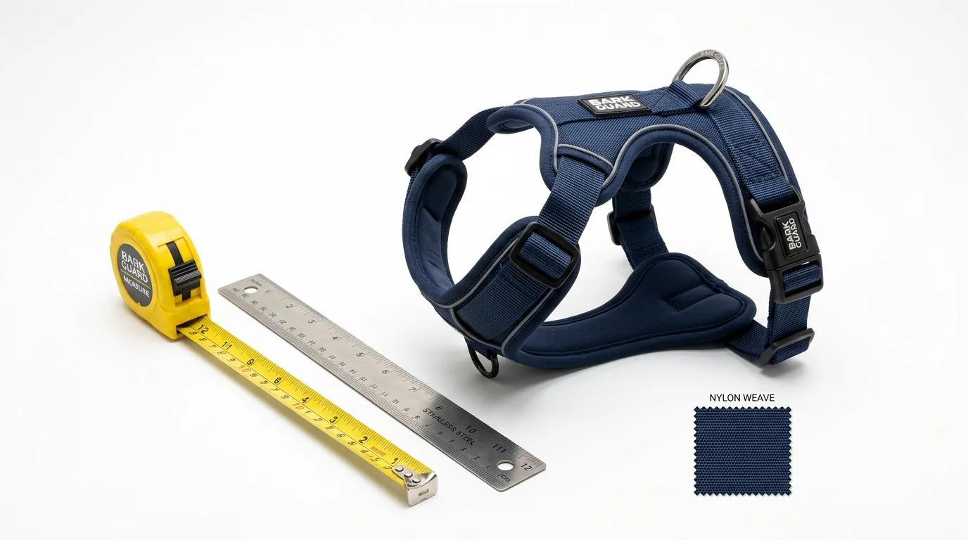 Studio product photo on pure white background of a medium-dog harness positioned at a 45-degree angle; clean, soft shadow; a yellow measuring tape coi