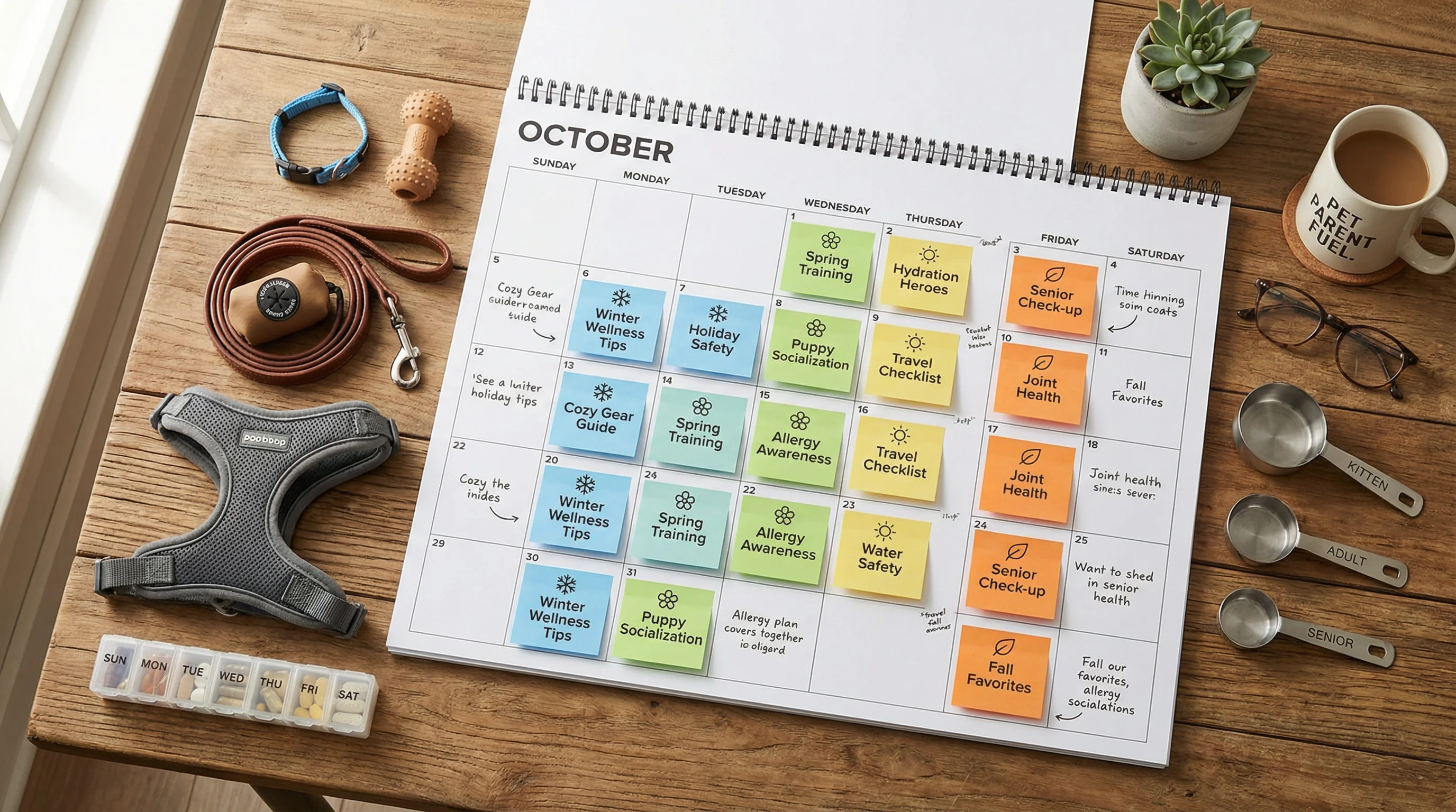 Top-down photo of a monthly content calendar for a pet brand on a wooden desk, with colored sticky notes marked with seasonal icons (snowflake, flower