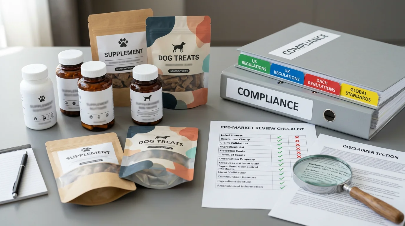 Clean studio tabletop scene with assorted generic pet supplement bottles and dog treat packages featuring blank labels (no readable claims), a binder 