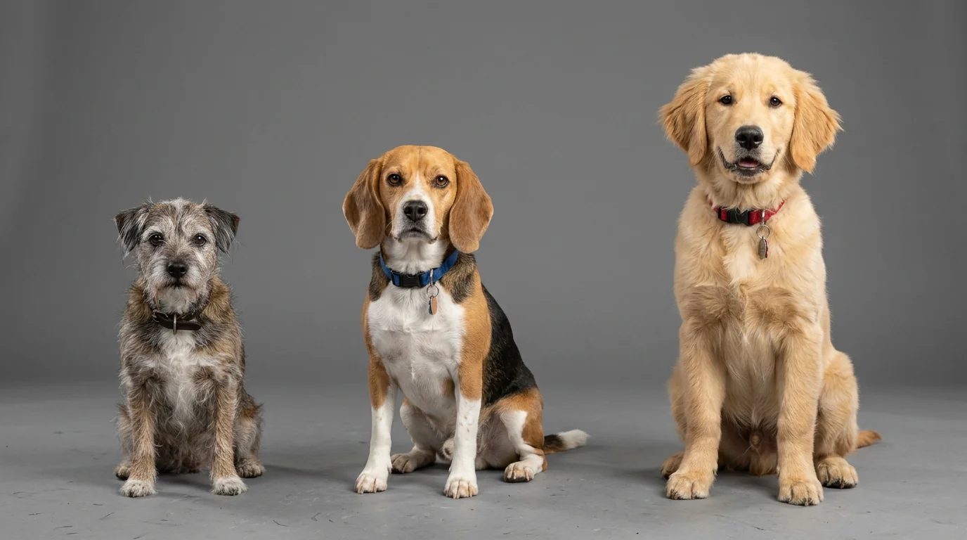 Studio photograph featuring three dogs aligned side-by-side on a seamless neutral gray backdrop: a small senior terrier with a graying muzzle, a mediu