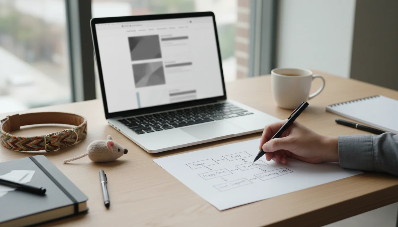 Close-up overhead view of a desk with a laptop showing a generic website wireframe (blurred text, no logos) while a hand draws a simple site map on pa