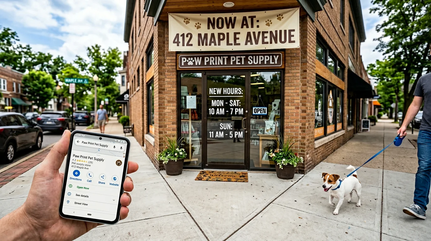 Pet store exterior with a freshly updated address banner and new business hours decals on the glass door; early afternoon light, clean sidewalk, a sma
