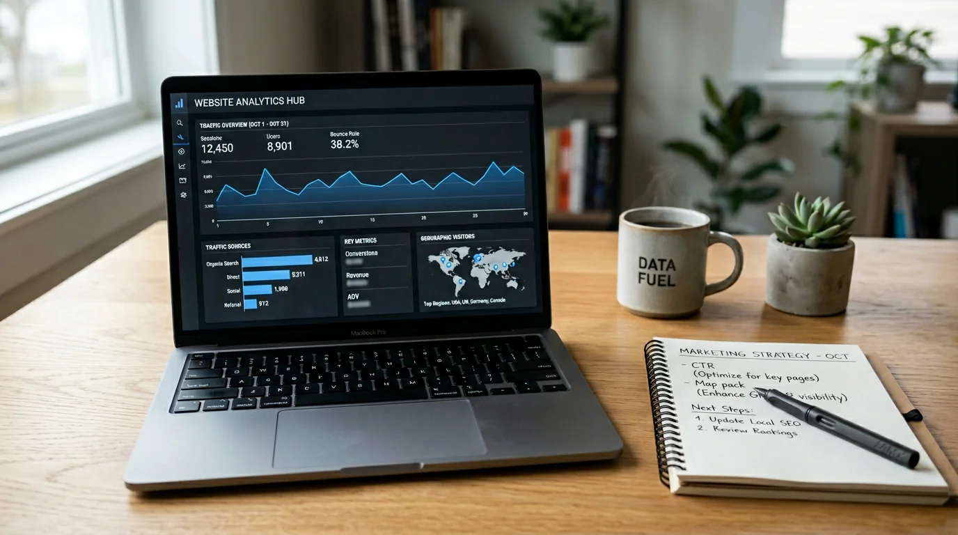 Close-up of a laptop on a tidy desk showing a generic web analytics dashboard with line charts, bar charts, and a small map with pins; a notepad nearb