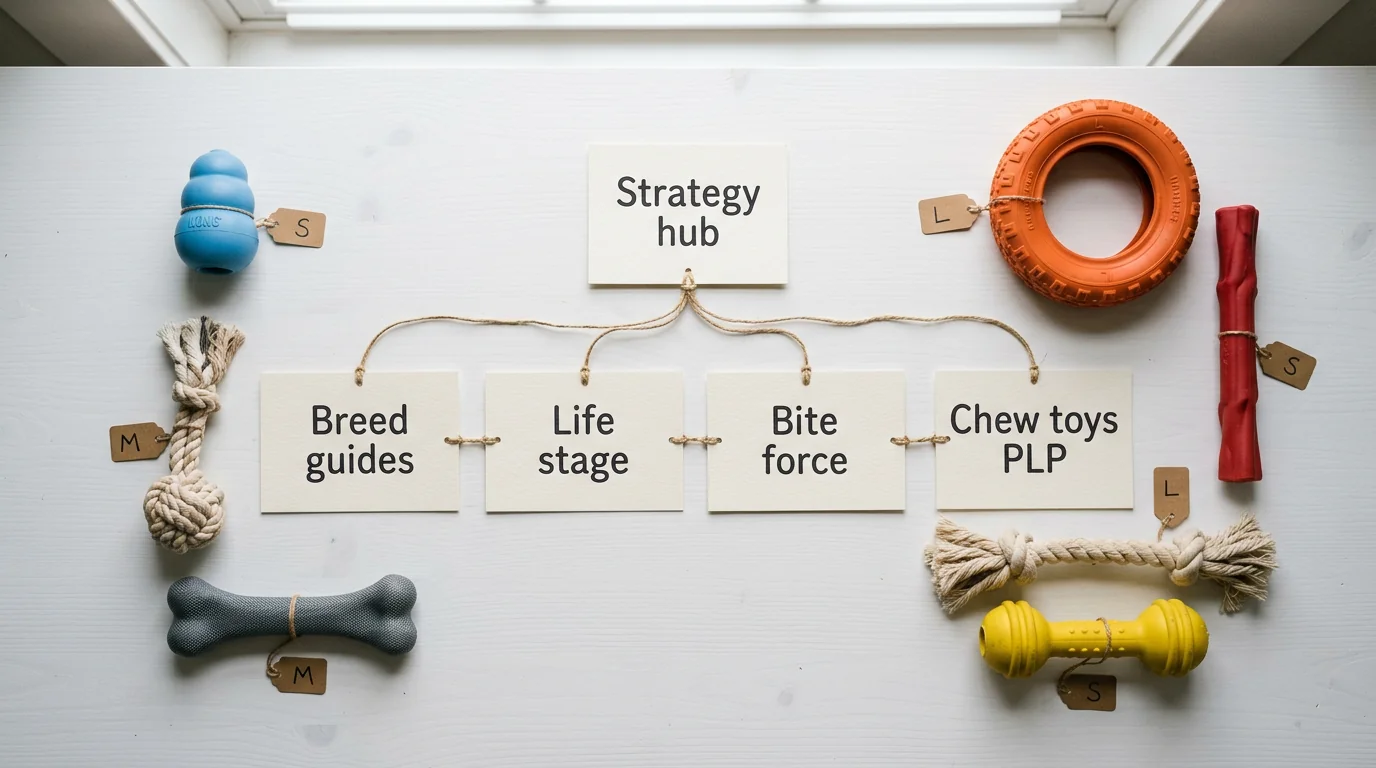 Flat-lay overhead photo of printed index cards reading 'Strategy hub', 'Breed guides', 'Life stage', 'Bite force', 'Chew toys PLP' arranged like a sit