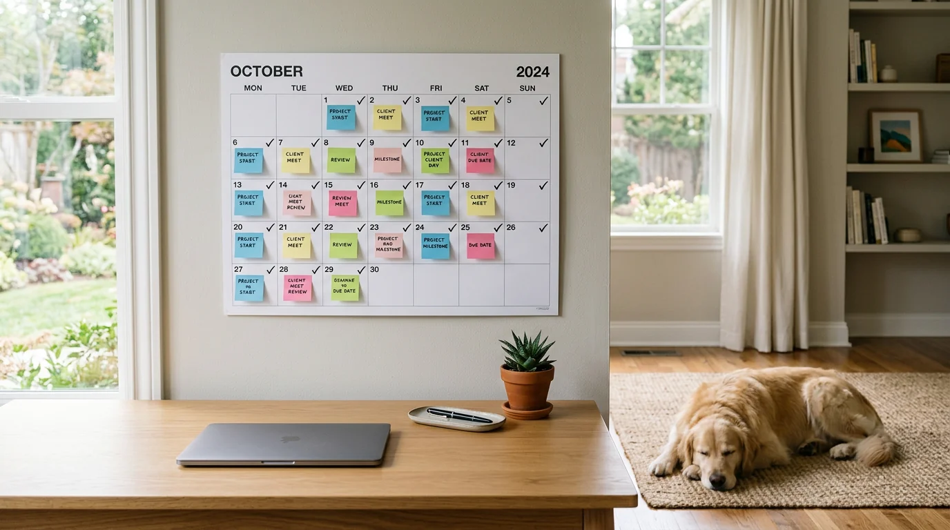 Natural-light photo of a minimalist home office: a large wall calendar marked across 30 days with colored sticky notes and checkmarks above a clean de